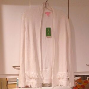 Lilly Pulitzrr White Fringe cotton Open Cardigan